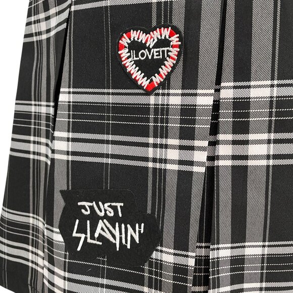 Red Crop Tee & Plaid Pleated Skirt Set XL – Preppy Y2K Grunge Style with Patches - Picture 12 of 16